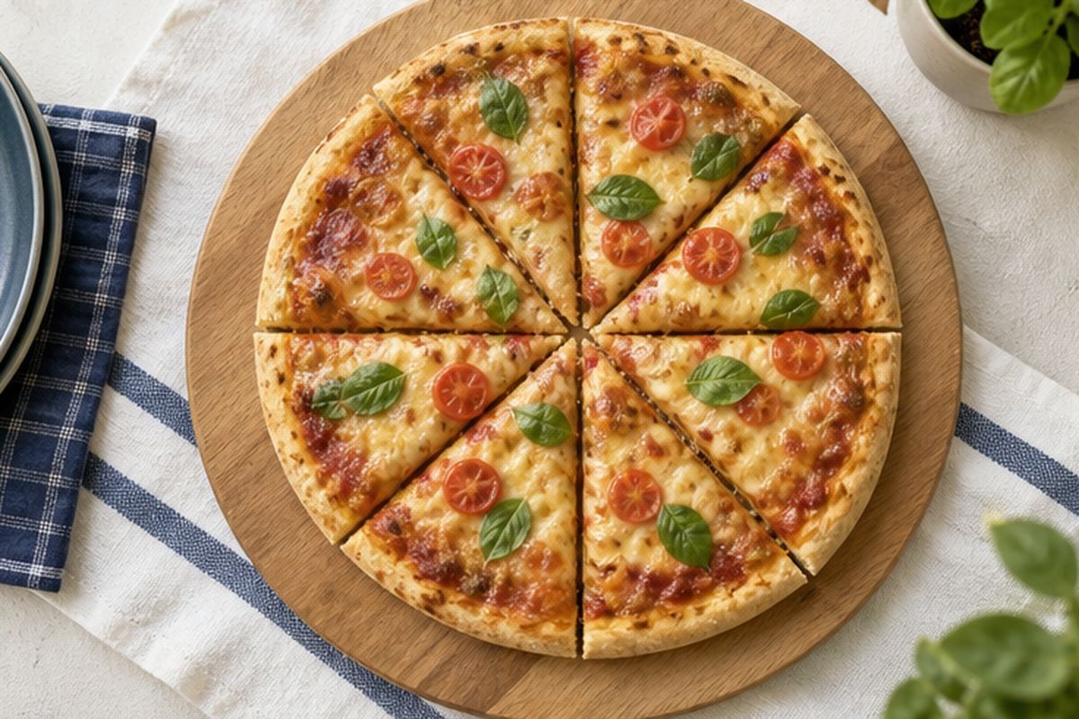 Okrągła pizza pokrojona na równe kawałki na drewnianej desce, widok z góry