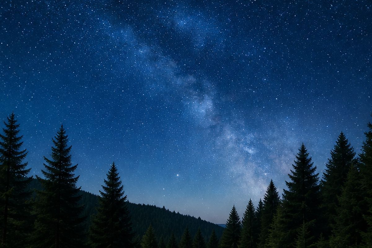 Rozgwieżdżone nocne niebo nad ciemną sylwetką lasu